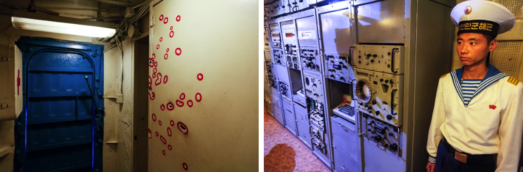 Red circles indicate every shrapnel hole shot through the hull of the USS Pueblo (left); Sailor standing guard aboard the USS Pueblo (right)