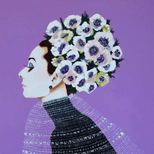 "Audrey With Anemone Headdress and Elizabethan Ruff Collar" 48 x 48. Acrylic and mixed media on canvas heavy resin (Courtesy: Ashley Longshore).