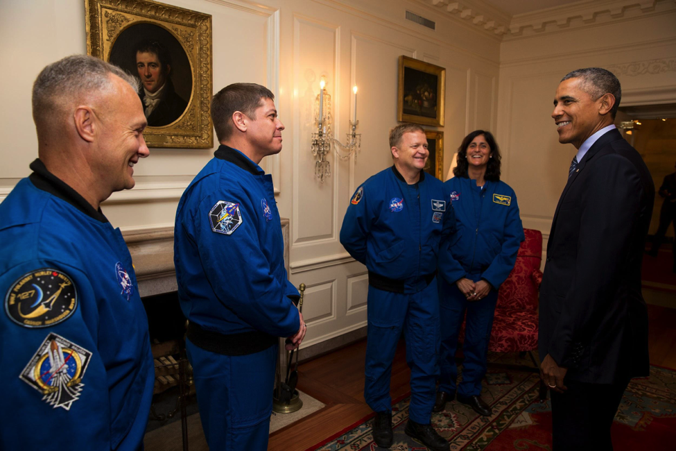 President Barack Obama greets NASA Commercial Crew astronauts: Robert Behnken, Eric Boe, Douglas Hurley and Sunita Williams in the Map Room before White House Astronomy Night on the South Lawn of the White House, Oct. 19, 2015. (Photo: White House/Pete Souza)