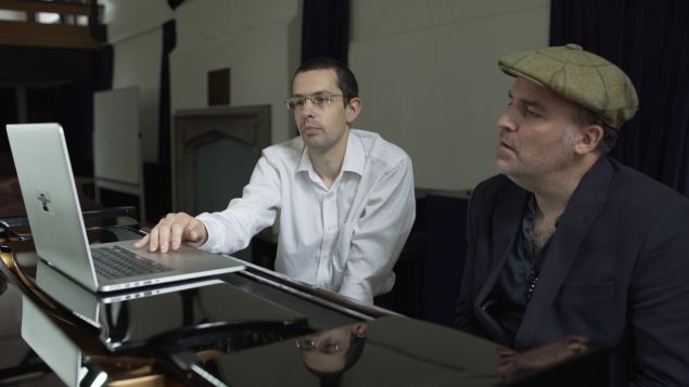 Dr. Nick Collins and Benjamin Till use Android Lloyd Webber to compose music. (Photo: Sky Arts TV)