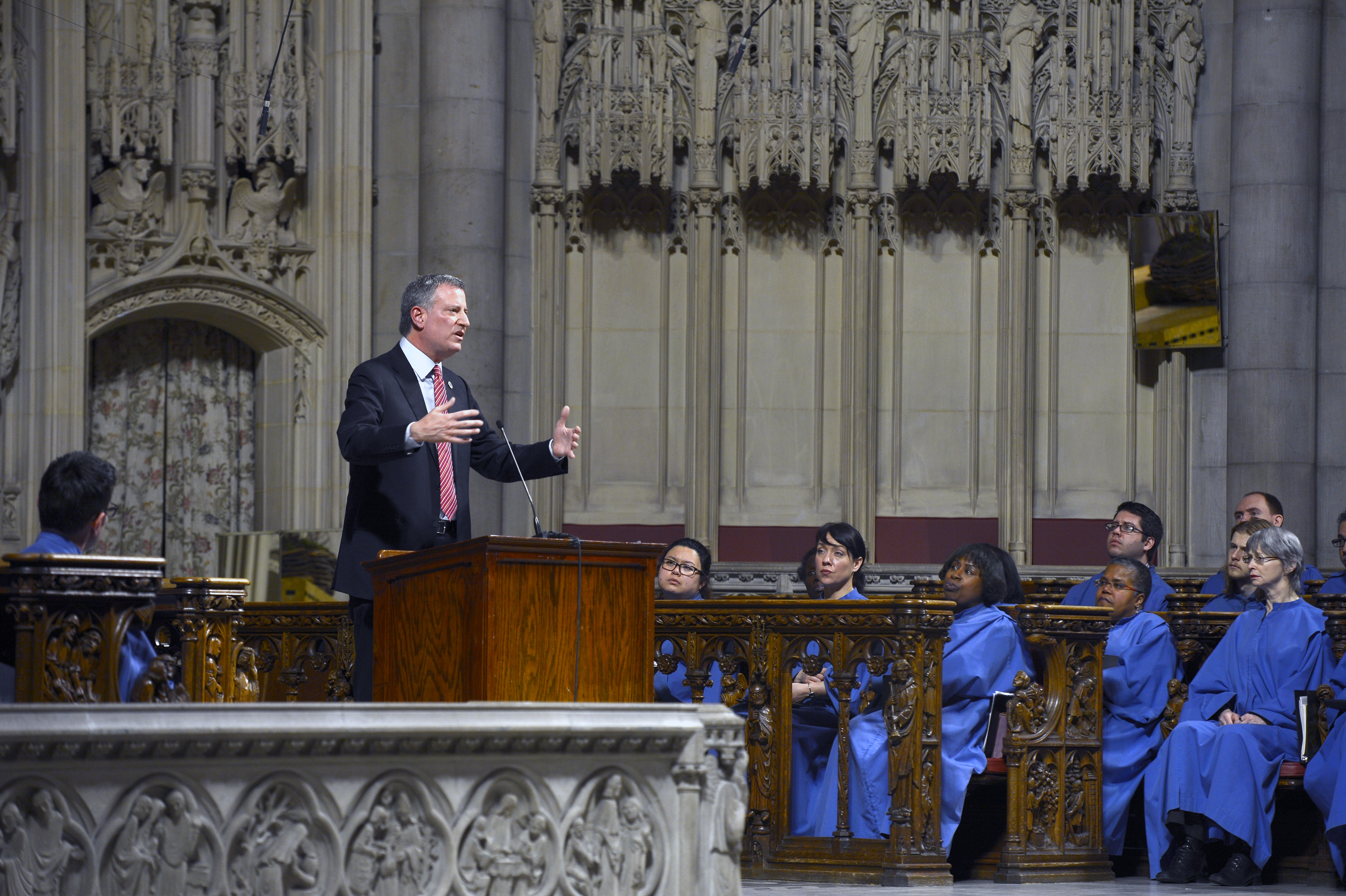 Mayor Bill de Blasio delivers remarks on his education vision for New York City at Riverside Church in Manhattan on Sunday, March 23, 2014. (Rob Bennett for the Office of Mayor Bill de Blasio)