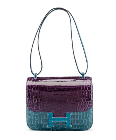 Hermes 23cm Shiny Amethyst, Bleu Izmir & Bleu Jean Nilo Crocodile Constance Bag with Palladium Hardware Estumate $30,000- $40,000