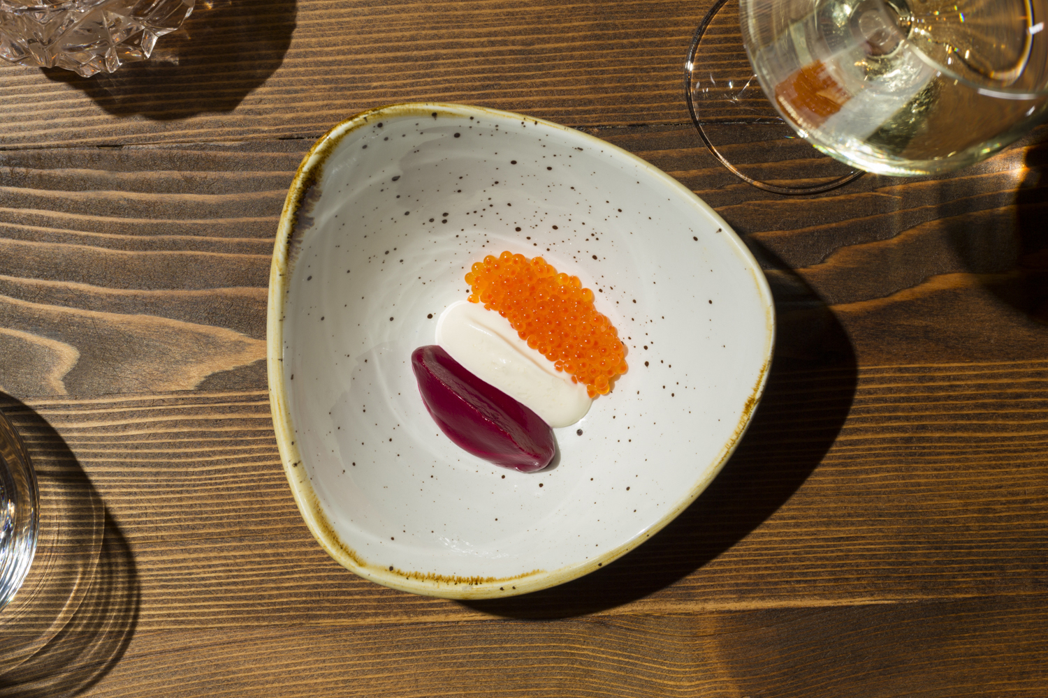 Borscht with beets, trout Roe and raw cream. (Photo: Melissa Goodwin for Observer)