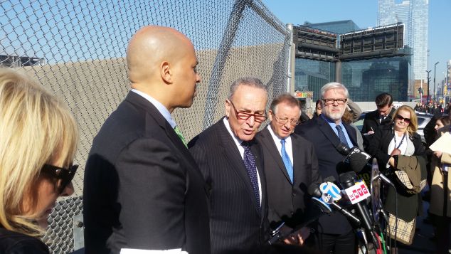 Sen. Charles Schumer with Sen. Cory Booker today. (Photo: Ross Barkan for Observer)
