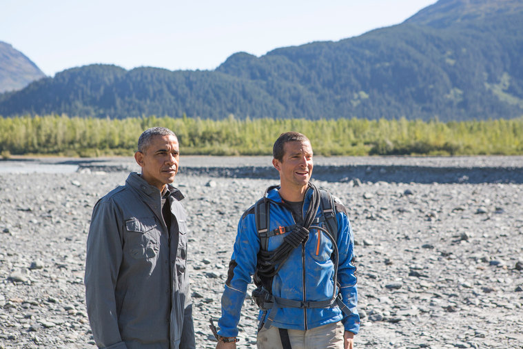 RUNNING WILD WITH BEAR GRYLLS -- "President Obama" Episode 209 -- Pictured: (l-r) President Barack Obama, Bear Grylls -- (Photo by: Delbert Shoopman/NBC)