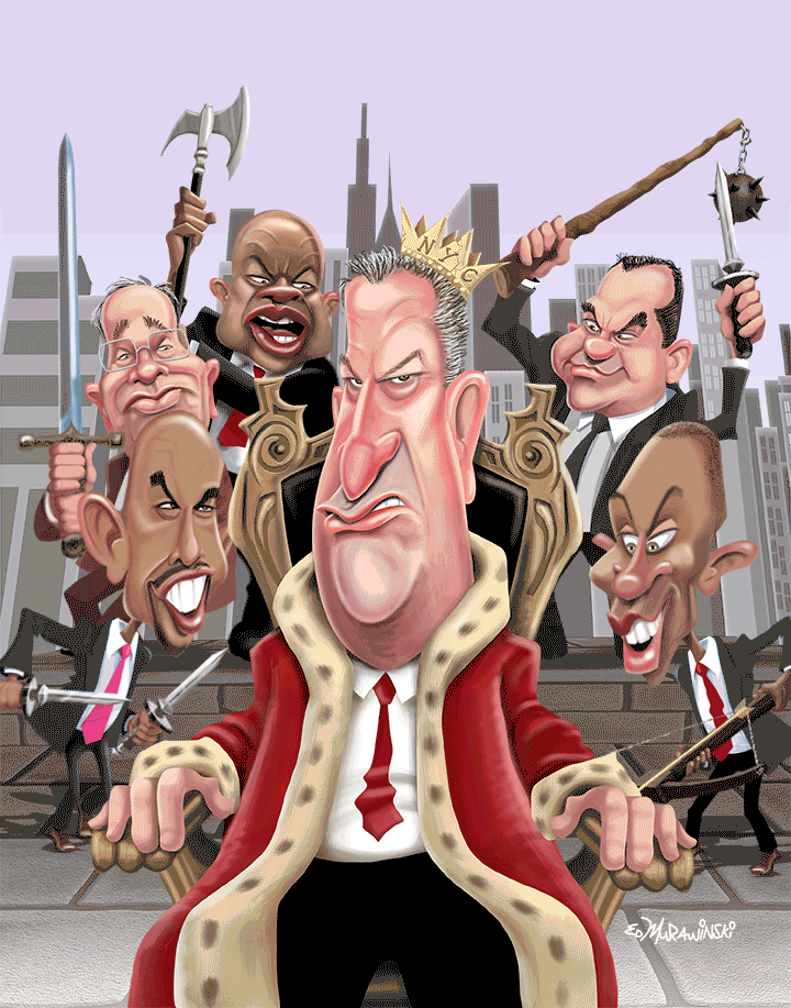 From far left: Rubén Díaz Jr., Scott Stringer, Eric Adams, Don Peebles, and Hakeem Jeffries encircle Mayor Bill de Blasio. (Edward Murawinski for Observer)
