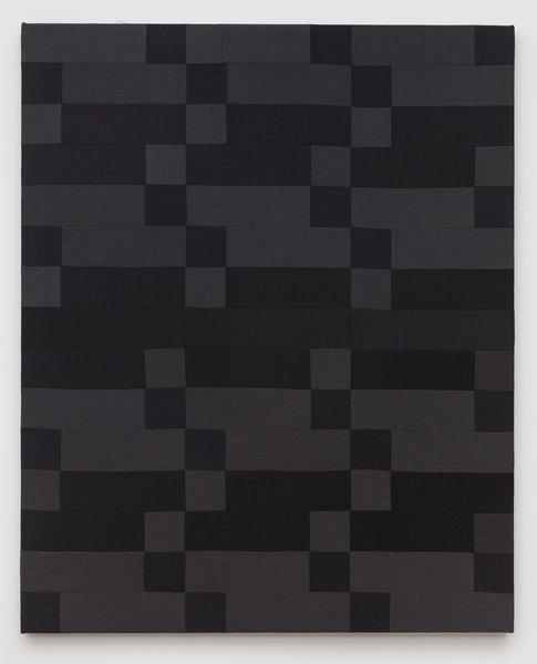 Glen Fogel, Man Quilt #5 (), Paul Betenly dark gray wedding suit, super fine wool suiting, acoustic foam 58 x 47 inches
