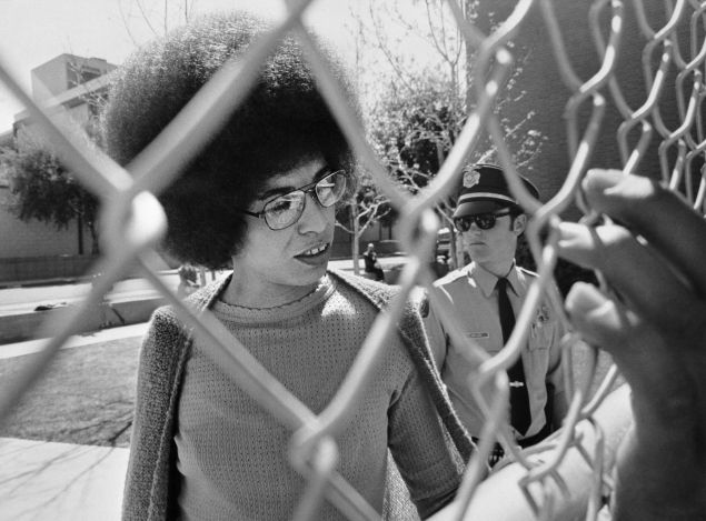 Picture released on April 1972 of US communist militant Angela Davis arriving at the court for her trial , in San Jose. Angela Davis was acquitted on charges of murder, kidnapping and conspiracy arising from the 07 August 1970 shooting in the same courthouse, in which a judge and three other people were killed. (Photo credit should read STRINGER/AFP/Getty Images)