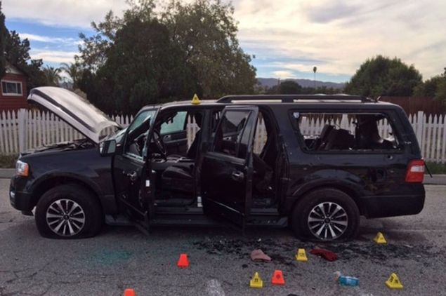 SAN BERNARDINO, CA - DECEMBER 4: (EDITORS NOTE: Best quality available) In this handout photo provided by the San Bernardino County Sherrif's Department, evidence markers are scattered around an SUV near the site of a shootout between police and suspects in the San Bernardino shootings, December 4, 2015 in San Bernardino, California. Police continue to investigate a mass shooting at the Inland Regional Center in San Bernardino that left at least 14 people dead and another 17 injured on December 2nd. (Photo by San Bernardino County Sherrif's Department via Getty Images)
