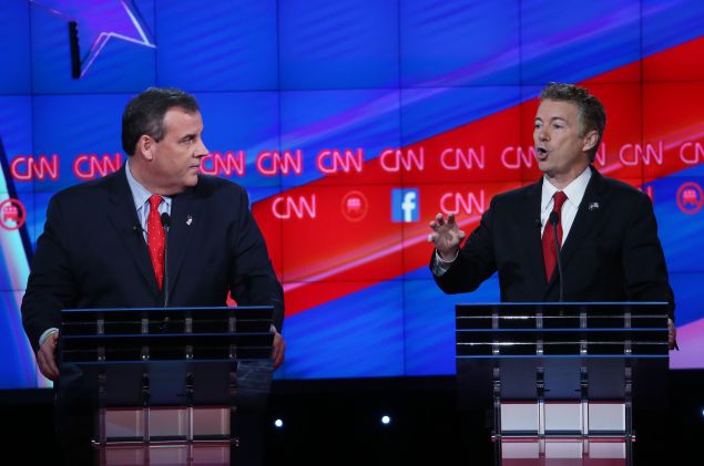 LAS VEGAS, NV - DECEMBER 15: Republican presidential candidate U.S. Sen. Rand Paul (R-KY) (R) speaks as New Jersey Gov. Chris Christie listens during the CNN Republican presidential debate on December 15, 2015 in Las Vegas, Nevada. This is the last GOP debate of the year, with U.S. Sen. Ted Cruz (R-TX) gaining in the polls in Iowa and other early voting states and Donald Trump rising in national polls. (Photo by Justin Sullivan/Getty Images)