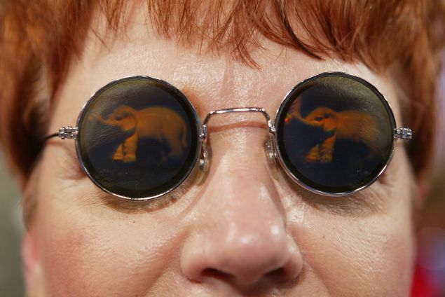 NEW YORK - AUGUST 31: A delegate wears glasses featuring an elephant, the symbol of the Republican party, on the convention floor during the opening of night two of the Republican National Convention August 31, 2004 at Madison Square Garden in New York City. (Photo by Justin Sullivan/Getty Images)