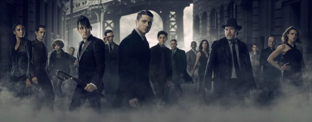 GOTHAM: L-R: Jessica Lucas as Tabitha Galavan, James Frain as Theo Galavan, Camren Bicondova as Selina, Drew Powell as Butch Gilzean, Robin Lord Taylor as Penguin, Cory Michael Smith as Nygma, Benjamin McKenzie as Bullock, David Mazouz as Bruce, Sean Pertwee as Alfred, Chris Chalk as Lucius, Morena Baccarin as Dr. Thomkins, Benjamin Mckenzie as Gordon, Nicholas D'Agosto as Harvey Dent, Michael Chiklis as Captain Barnes and Erin Richards as Barbara. GOTHAM premieres Monday, Sept. 28 (8:00-9:00 PM ET/PT) on FOX. ©2015 Fox Broadcasting Co. Cr: Mark Seliger/FOX