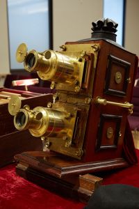 Terry Borton's mahogany and brass magic lantern dates to the 1890s. (Harry Zernike for the Observer.)