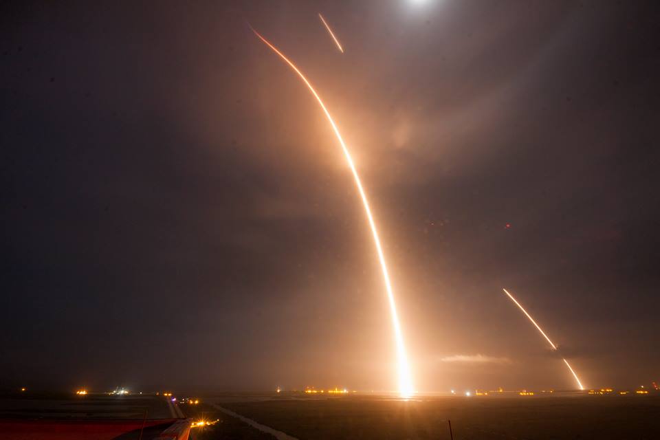 Long exposure of launch, re-entry, and landing burns of Falcon 9 (Credit: SpaceX)