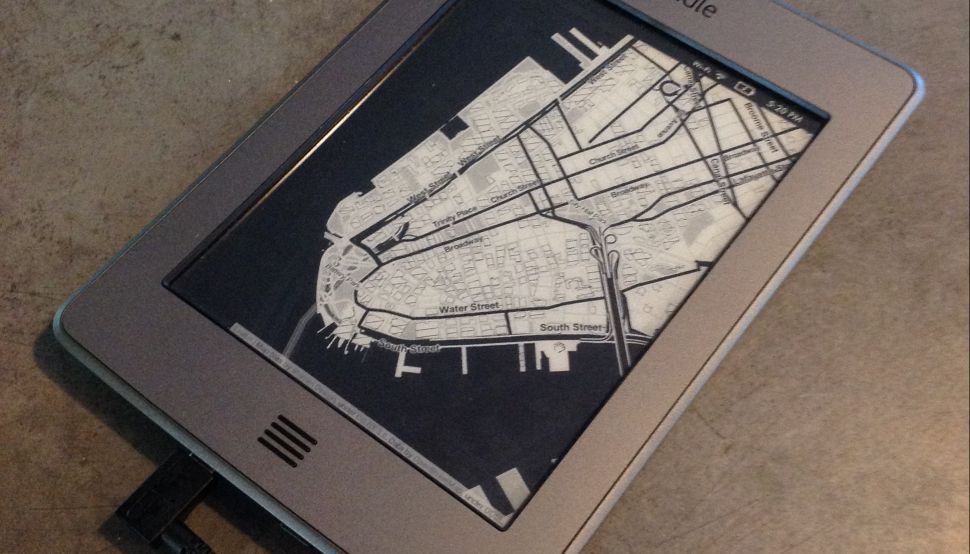 A Kindle turned to a ReKindle, by Ramsey Nasser. Maps from Stamen Design's Toner project. (Photo: Ramsey Nasser)