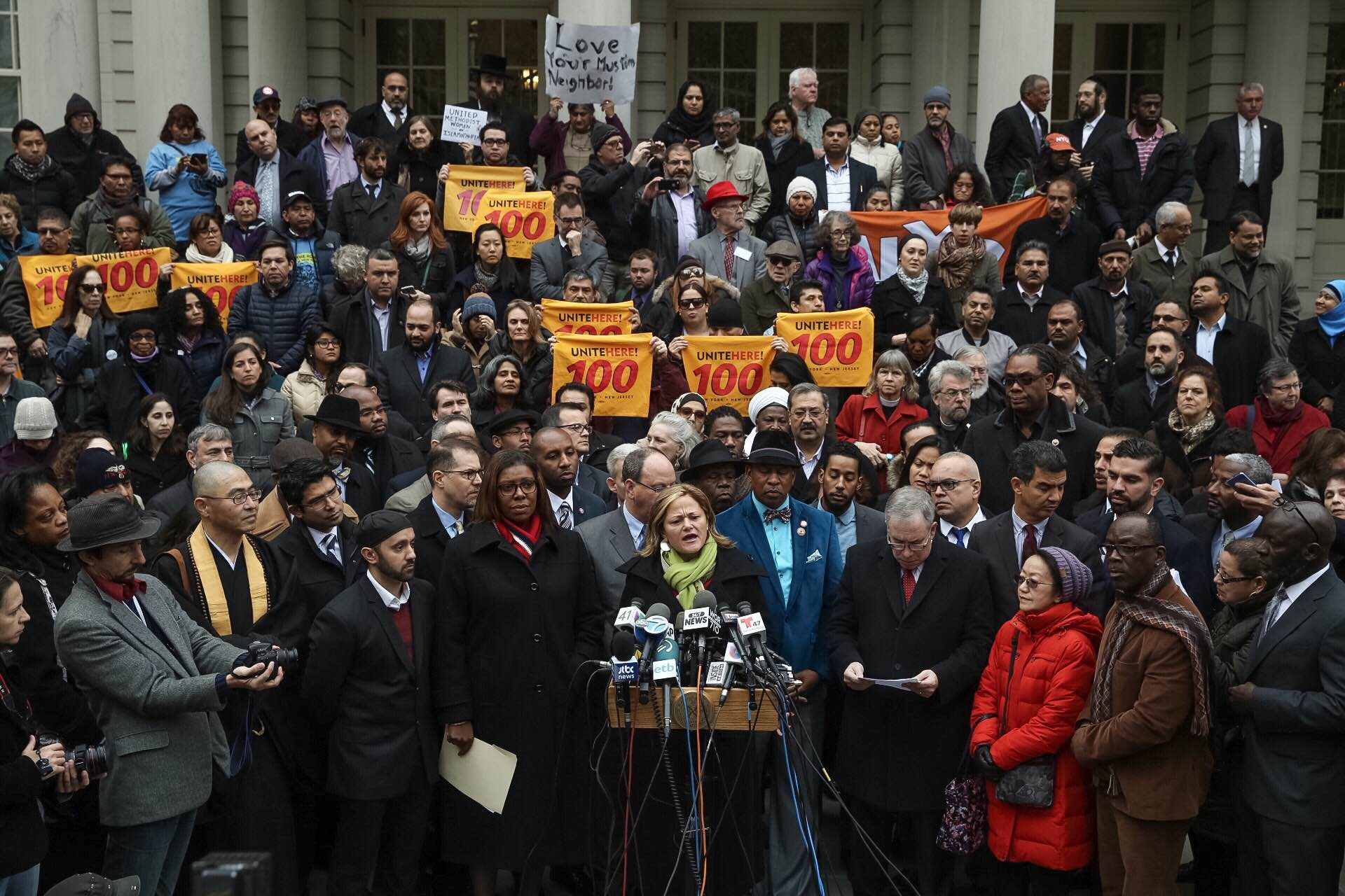 New York politicians, led by Council Speaker Melissa Mark-Viverito, held a rally decrying Donald Trump at City Hall today. (Photo: William Alatriste for New York City Council)