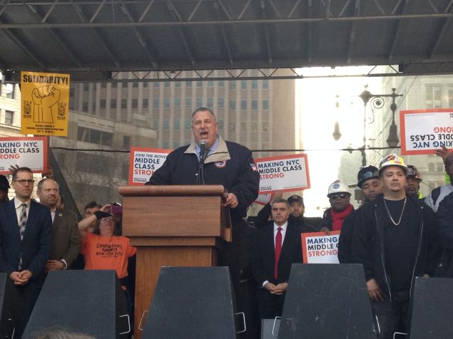 Building and Construction Trades Council of New York President Gary LaBarbera, center, with union workers and politicians (Photo: Will Bredderman for Observer).