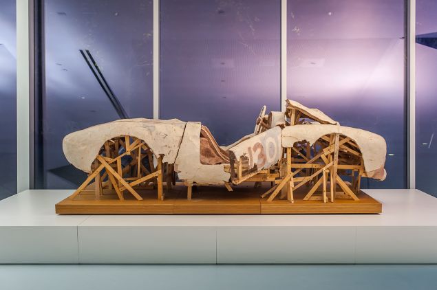 Installation view of the exhibition “Walkers: Hollywood Afterlives in Art and Artifact,” at Museum of the Moving Image, November 7, 2015–April 10, 2016. Organized by independent curator Robert M. Rubin. More information at http://movingimage.us/Walkers. Shown: Kristen Morgin, "Wrecked Spyder," 2010. Wood, wire, and unfired clay. 82 x 46 x 41 inches. Photo credit: Thanassi Karageorgiou / Museum of the Moving Image.