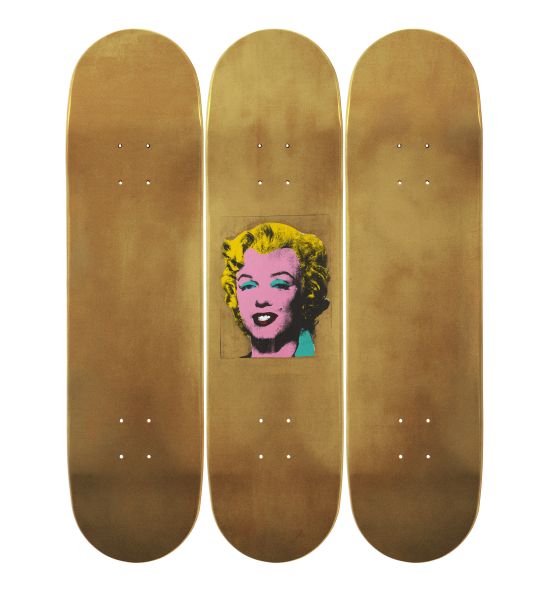 Warhol Skateboard Triptych Gold Marilyn Monroe, 2015. (Courtesy of The Skateroom and ©/®/TM The Andy Warhol Foundation for the Visual Arts, Inc.)
