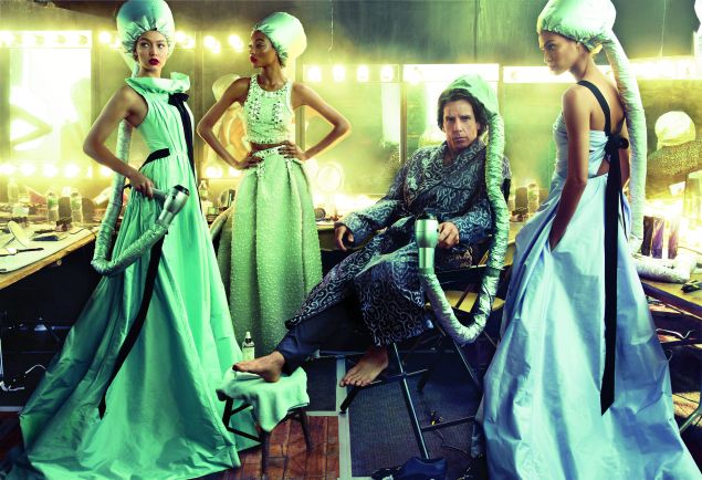Gigi Hadid in Oscar de la Renta, Jourdan Dunn in Carolina Herrera, Ben Stiller in Tom Ford and Joan Smalls in Oscar de la Renta (Photo: Courtesy Vogue).