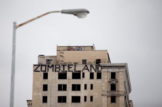 DETROIT, MI - FEBRUARY 24: Graffiti covers an abandoned building February 24, 2013 in Detroit, Michigan. The city of Detroit has faced serious economic challenges in the past decade, with a shrinking population and tax base while trying to maintain essential services. A financial review team issued a finding on February 19 identifying the city as being under a 'financial emergency.' Michigan Gov. Rick Snyder has 30 days from the report's issuance to officially declare a financial emergency, which could result in the governor appointing an emergency financial manager to oversee Detroit's municipal government. (Photo by J.D. Pooley/Getty Images)
