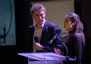 Sam Corbett-Davis and Camelia Simoiu at the Knight News Challenge awards presentation in New York City. (Photo: John S. and James L. Knight Foundation)