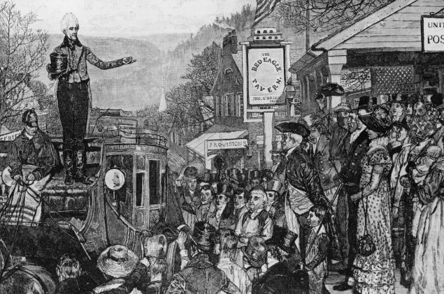 1829: General Andrew Jackson (1767 - 1845) standing on a coach waving to supporters, on his way to Washington to become the 7th President of the United States in 1829. (Photo by Three Lions/Getty Images)