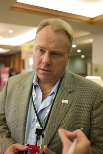 MINNEAPOLIS, MN - Aug. 31: Florida Republican Party Chairman Jim Greer talks to a reporter at the delegation's hotel near Minneapolis. Republican delegations from the five Gulf Coast states arrived in Minnesota this weekend eager to nominate Arizona Sen. John McCain for president at the Republican National Convention scheduled to being tomorrow ??? but preoccupied by worries about Hurricane Gustav, a strong and very dangerous storm that appears headed to strike their region by noon tomorrow. Party leaders will be asking their delegations to assist with the recovery effort. Florida Republican Party Chairman Jim changed Monday???s delegation breakfast meeting into a prayer breakfast, and announced that the delegation???s pool party scheduled for the convention???s final night is canceled with the funds that would have paid for the event directed instead to the American Red Cross and state-specific charities. (Photo by Scott J. Ferrell/Congressional Quarterly/Getty Images)
