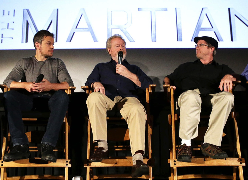 Actor Matt Damon, director Ridley Scott, author Andy Weir discuss the "The Martian." at a NASA event (NASA/Bill Ingalls)