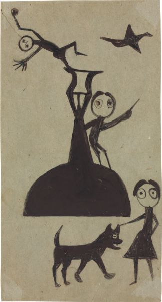Bill Traylor, Three Figures with Dog, Bird and Fountain, (1939-1942). Est. $40,000-$80,000. (Photo: Christie's)