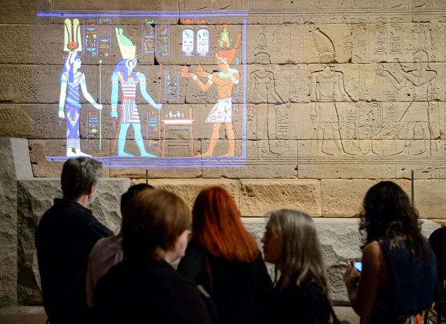Experimental lighting display Color the Temple, Scene 1, on view Friday and Saturday evenings (5 to 9 p.m.) through March 19, at The Temple of Dendur in The Sackler Wing at The Metropolitan Museum of Art, New York. Image: The Metropolitan Museum of Art/Filip Wolak