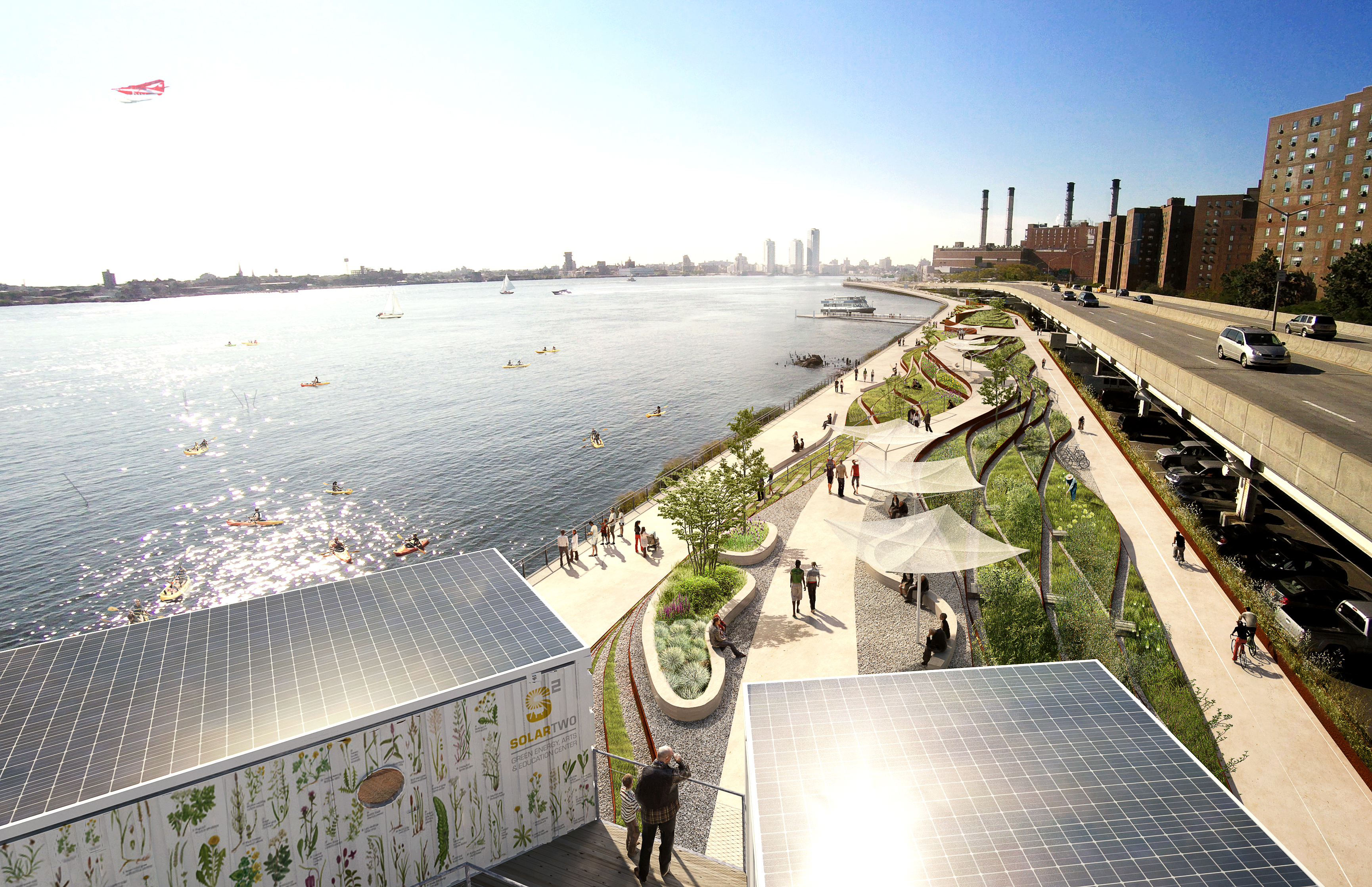 A rendering of the East Side Costal Resiliency Project, aimed at protecting the Lower East Side from storm surges, seen here in sunny weather. (Photo: Rendering Courtesy City of New York)