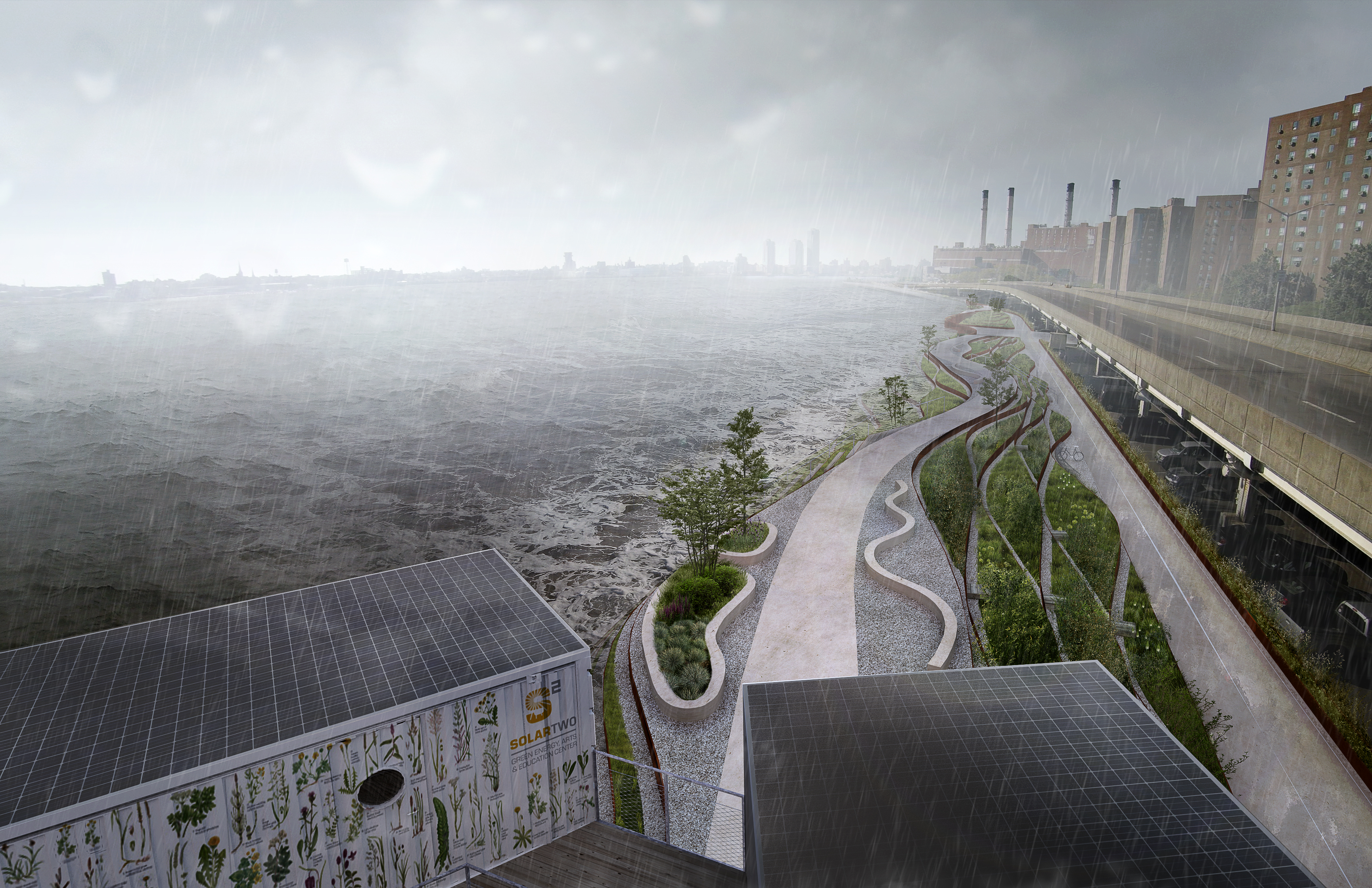 A rendering of the East Side Costal Resiliency Project, aimed at protecting the Lower East Side from storm surges, seen here in stormy weather. (Photo: Rendering Courtesy City of New York)