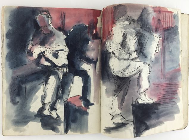 A Stuart Sutcliffe sketch of his fellow Beatles, with John Lennon on the right playing the washboard. (Photo: Courtesy of Harper's Apartment)