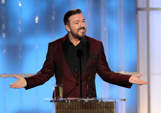 BEVERLY HILLS, CA - JANUARY 15: In this handout photo provided by NBC, host Ricky Gervais onstage during the 69th Annual Golden Globe Awards at the Beverly Hilton International Ballroom on January 15, 2012 in Beverly Hills, California. (Photo by Paul Drinkwater/NBC via Getty Images)
