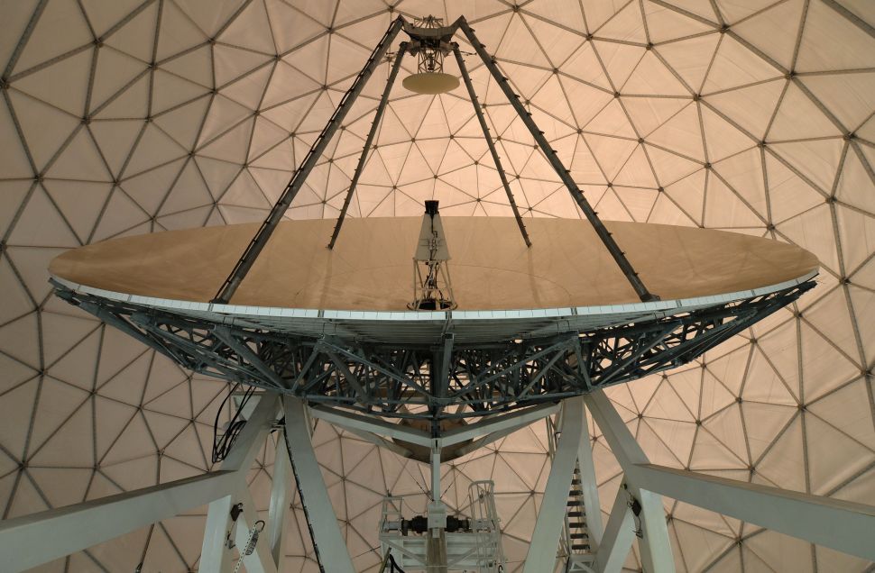 A parabolic reflector inside a radome of the former monitoring base of the US intelligence organization National Security Agency (NSA) in Bad Aibling, southern Germany is pictured on June 6, 2014. AFP PHOTO/CHRISTOF STACHE