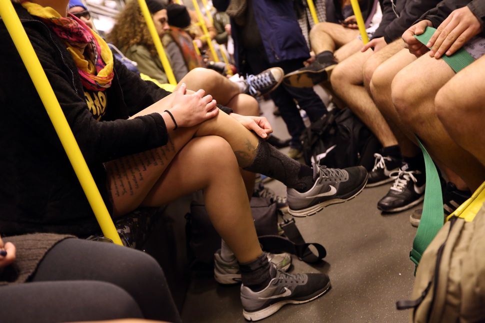 Lots of New Yorkers will meet new people on this weekend's No Pants Subway Ride. Woez could make them bros. (Photo: Adam Berry/Getty Images)