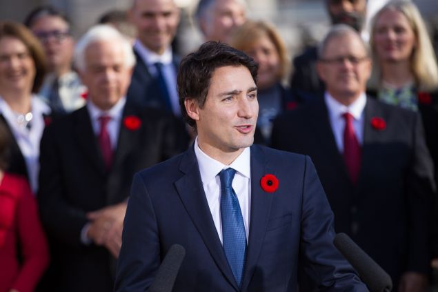 Canadian Prime Minister Justin Trudeau speaks at a press conference at Rideau Hall after being sworn in as Canada's 23rd Prime Minister in Ottawa, Ontario, November 4, 2015. AFP PHOTO/ GEOFF ROBINS (Photo credit should read GEOFF ROBINS/AFP/Getty Images)