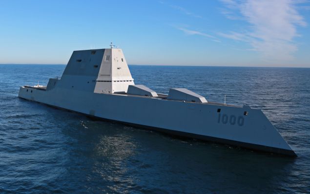 AT SEA - DECEMBER 7: The future USS Zumwalt (DDG 1000) is underway for the first time conducting at-sea tests and trials on the Kennebeck River December 7, 2016 in the Atlantic Ocean.The Zumwalt is the largest destroyer ever built for the U.S. Navy. (Photo by U.S. Navy/General Dynamics Bath Iron Works via Getty Images)