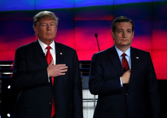 LAS VEGAS, NV - DECEMBER 15: Republican presidential candidates Donald Trump (L) and Sen. Ted Cruz (R-TX) participate in the CNN republican presidential debate at The Venetian Las Vegas on December 15, 2015 in Las Vegas, Nevada. Thirteen Republican presidential candidates are participating in the fifth set of Republican presidential debates. (Photo by Justin Sullivan/Getty Images)