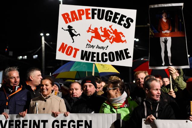 Protestors from the PEGIDA movement (Patriotic Europeans Against the Islamisation of the Occident) march during a rally in Leipzig on January 11, 2016. Supporters of the xenophobic far-right movement PEGIDA gathered to mark the first year of the local chapter LEGIDA, as public anger runs high over the Cologne assaults. / AFP / TOBIAS SCHWARZ        (Photo credit should read TOBIAS SCHWARZ/AFP/Getty Images)