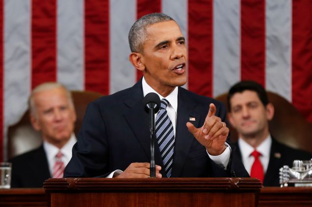 WASHINGTON, DC - JANUARY 12: President Barack Obama delivers his State of the Union address before a joint session of Congress on Capitol Hill January 12, 2016 in Washington, D.C. In his final State of the Union, President Obama reflected on the past seven years in office and spoke on topics including climate change, gun control, immigration and income inequality. (Photo by Evan Vucci - Pool/Getty Images)