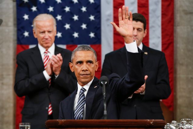 WASHINGTON, DC - JANUARY 12: President Barack Obama waves at the conclusion of his State of the Union address to a joint session of Congress on Capitol Hill January 12, 2016 in Washington, D.C. In his final State of the Union, President Obama reflected on the past seven years in office and spoke on topics including climate change, gun control, immigration and income inequality. (Photo by Evan Vucci - Pool/Getty Images)