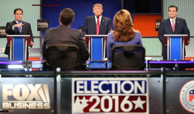 NORTH CHARLESTON, SC - JANUARY 14: Republican presidential candidates (L-R) Sen. Marco Rubio (R-FL), Donald Trump and Sen. Ted Cruz (R-TX) participate in the Fox Business Network Republican presidential debate at the North Charleston Coliseum and Performing Arts Center on January 14, 2016 in North Charleston, South Carolina. The sixth Republican debate is held in two parts, one main debate for the top seven candidates, and another for three other candidates lower in the current polls. (Photo by Scott Olson/Getty Images)