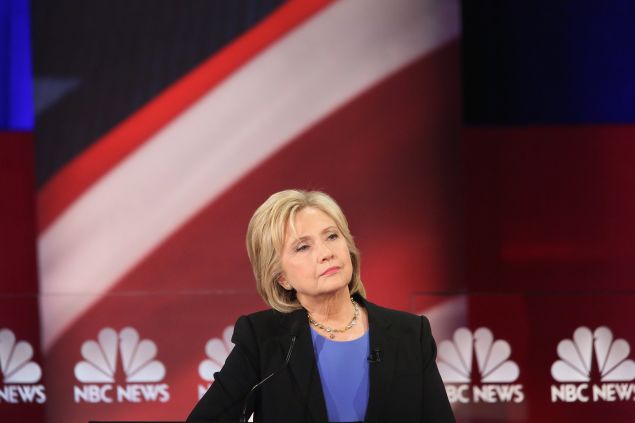 CHARLESTON, SC - JANUARY 17: Democratic presidential candidate Hillary Clinton participates in the Democratic Candidates Debate hosted by NBC News and YouTube on January 17, 2016 in Charleston, South Carolina. This is the final debate for the Democratic candidates before the Iowa caucuses. (Photo by Andrew Burton/Getty Images)