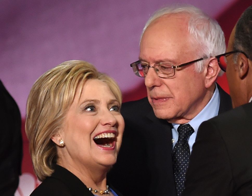 Democratic presidential candidates Hillary Clinton and Bernie Sanders, at the NBC News -YouTube Debate in January. (Photo: Timothy A. Clary/Getty)