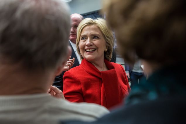 MARION, IOWA - JANUARY 24: Democratic presidential candidate Hillary Clinton greets audience members following a campaign event at Vernon Middle School on January 24, 2016 in Marion, IA. The Democratic and Republican Iowa Caucuses, the first step in nominating a presidential candidate from each party, will take place on February 1. (Photo by Brendan Hoffman/Getty Images) *** Local Caption *** Hillary Clinton