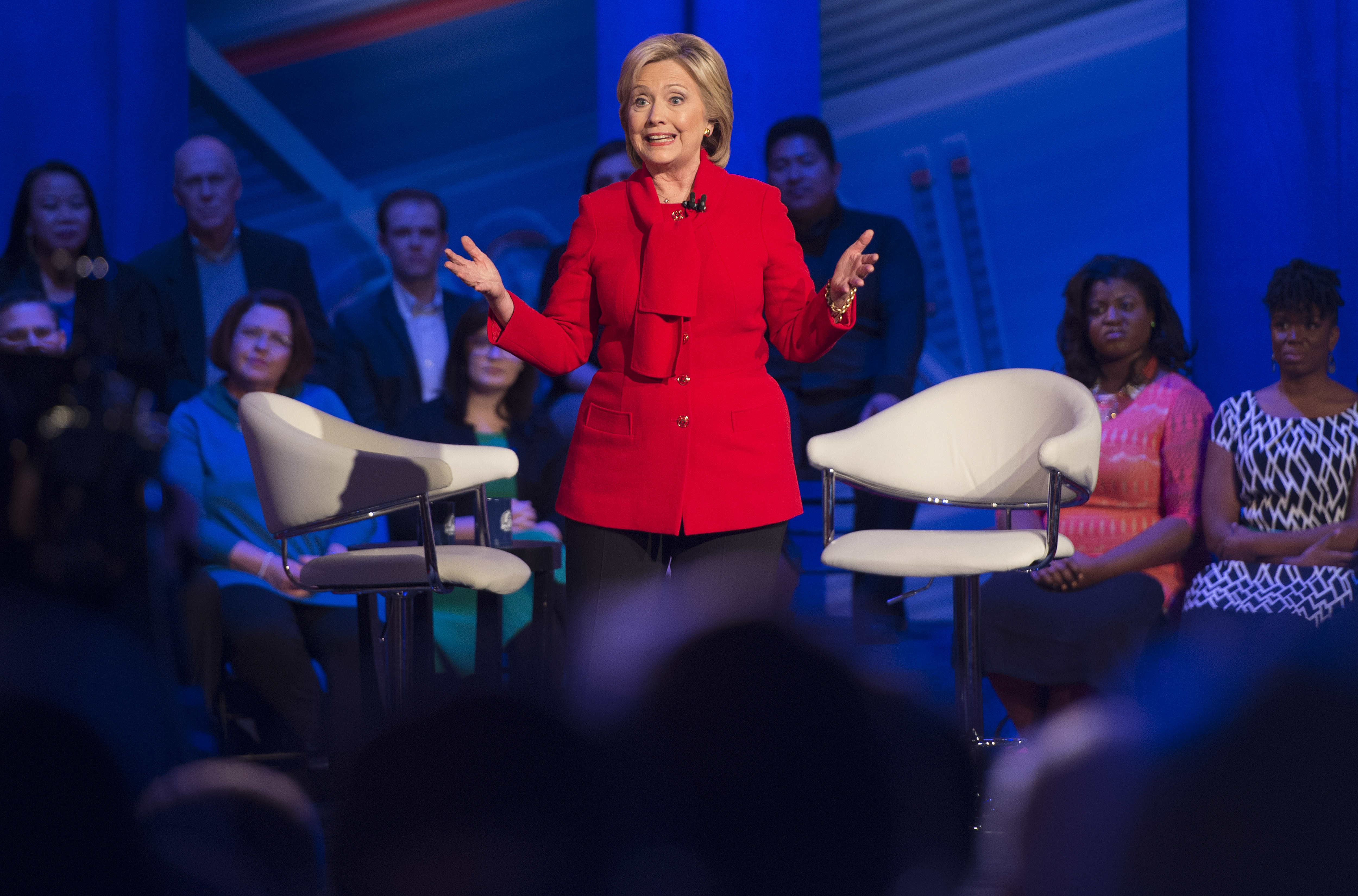 Democratic presidential candidate Hillary Clinton speaks during the CNN Town Hall at Drake University in Des Moines , Iowa, January 25, 2016, ahead of the Iowa Caucus. AFP PHOTO / JIM WATSON / AFP / JIM WATSON (Photo credit should read JIM WATSON/AFP/Getty Images)