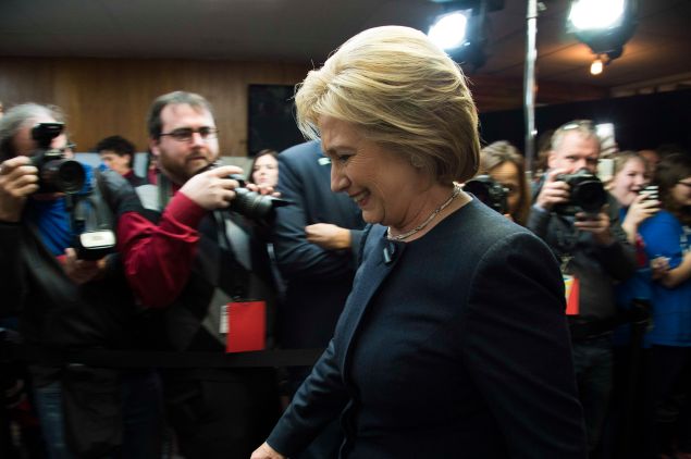 Democratic presidential candidate Hillary Clinton arrives to speak during a campaign stop at the Adel Family Fun Center in Adel, Iowa, January 27, 2016, ahead of the Iowa Caucus. / AFP / JIM WATSON (Photo credit should read JIM WATSON/AFP/Getty Images)