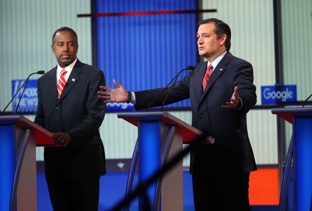 DES MOINES, IA - JANUARY 28: Republican presidential candidates (R-L) Sen. Ted Cruz (R-TX) and Ben Carson participate in the Fox News - Google GOP Debate January 28, 2016 at the Iowa Events Center in Des Moines, Iowa. Residents of Iowa will vote for the Republican nominee at the caucuses on February 1. Donald Trump, who is leading most polls in the state, decided not to participate in the debate. (Photo by Scott Olson/Getty Images)
